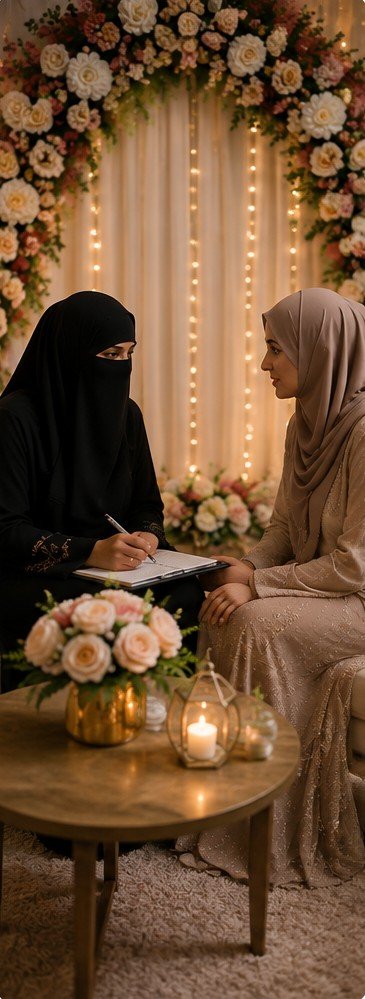 Two families meeting in a warmly lit setting
